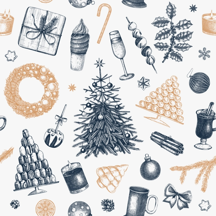 Christmas seamless pattern. Hand drawn vector illustration. Vintage background. Winter holiday decoration. Christmas tree, Christmas wreath, hot drinks, cookies, pastries, sweets sketches